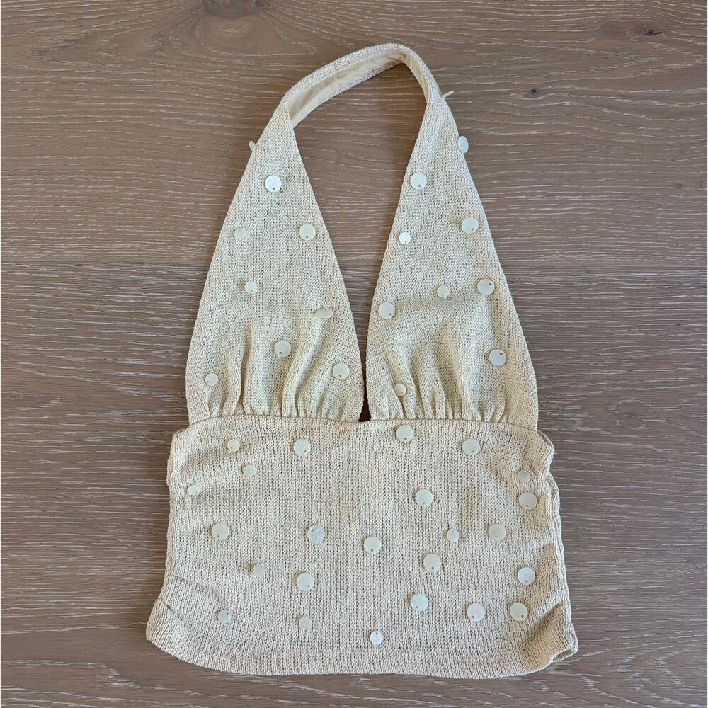 Zara Knit Halter Top Beaded Size S Butter Yellow